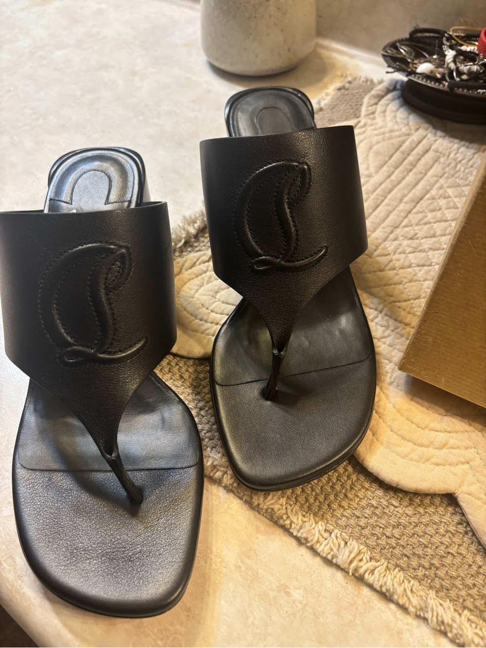 Christian Louboutin Black Leather Thong Sandals with Embossed Logo